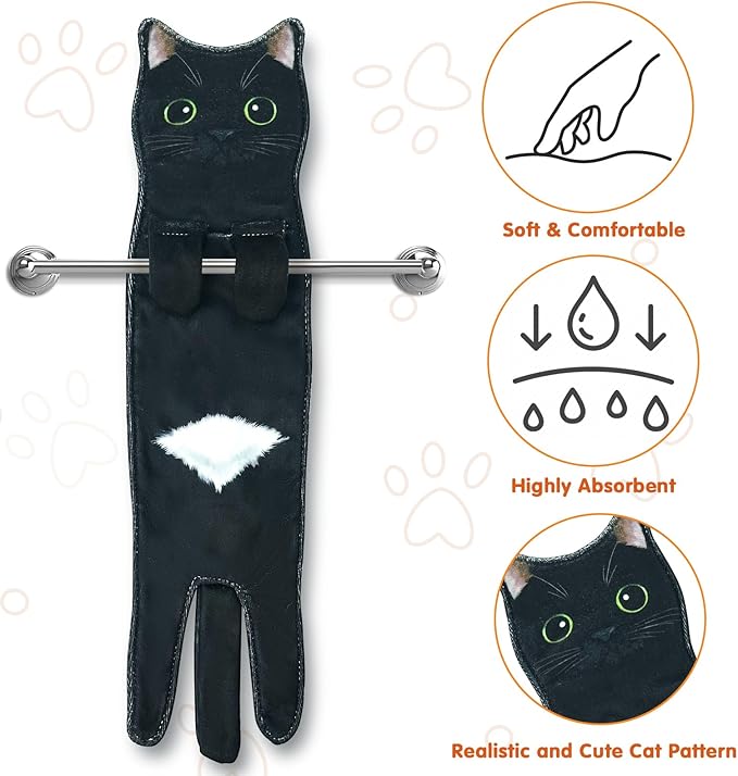 PAT JUUMG Black Cat Hand Towels for Bathroom Kitchen, Cute Home Decorative Decor Hanging Face Towels, Super Absorbent Soft, Cat Lovers Gifts for Housewarming Christmas Mothers Day Birthday