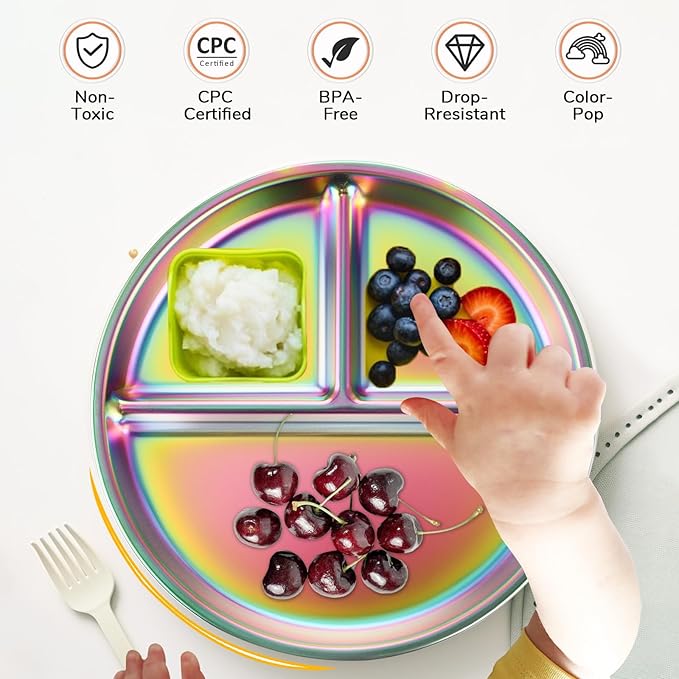 9" Stainless Steel Toddler Plates Set of 6, Divided Plate for Kids & Baby, Non Toxic Unbreakable Dishes Dinnerware Adults Portion Control Snack Container, Colorful Meal Time Chums