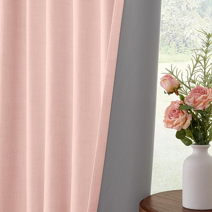INOVADAY 100% Blackout Curtains for Bedroom, Black Out Curtains 96 Inch Long, Clip Rings Linen Blackout Drapes, Thermal Insulated Room Darkening for Living Room, 2 Panels - Blush Pink,W50xL96