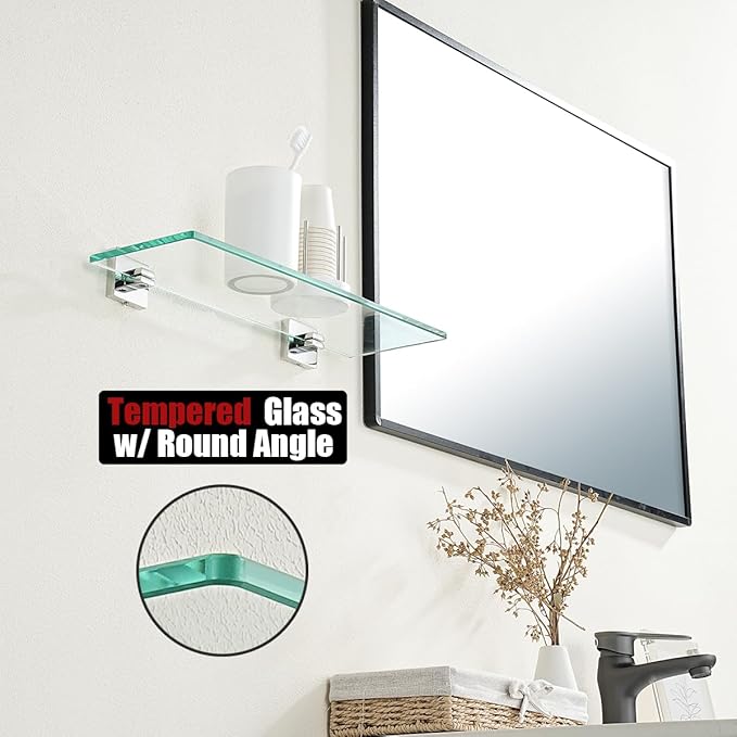 JQK Bathroom Glass Shelf, Floating Tempered Glass Shower Storage 20 by 5 inches, 304 Stainless Steel Polished Chrome Wall Mount, TGS201L20-CH