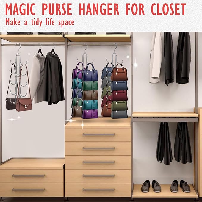 Handbags Purse Organizer for Closet: Bag Rack Hanger with 10 Big Hooks - 360° Rotation Purse Hanger for Display - Collapsible Space Saving for Handbag Belt Scarve Tie - 1 Pack Silver