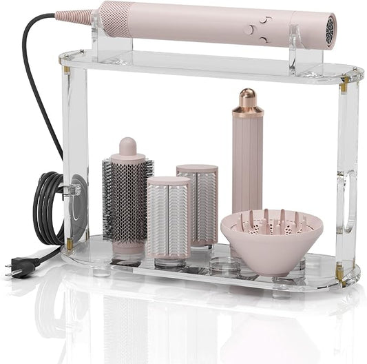 Upgraded 6-Hole Storage Holder for Shark FlexStyle - Acrylic Hairdryer Organizer with Cord Hanger, Compatible with Shark Diffuser, Curlers & Brushes Attachments for Bathroom Vanity and Hairsalon