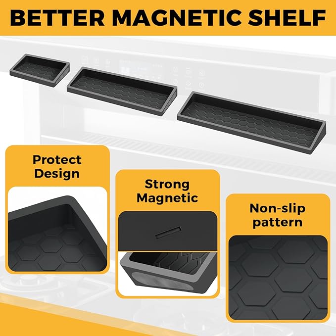 BFONS 30 Inch Silicone Magnetic Stove Top Shelf, Kitchen Shelf Over Stove Spice Rack Apartment Must Haves Kitchen Gadgets for Above Stovetop Seasoning Organization and Storage Thickened 3parts- Black