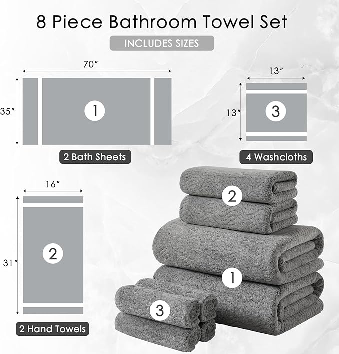 8 Piece Bath Towel Set Grey — 2 Oversized Large Bath Sheet,2 Hand Towels,4 Washcloths — Ultra Soft Cozy Bath Towel Set for Bathroom Hotel Gym Spa,Highly Absorbent & Quick Dry Bathroom Towel Collections