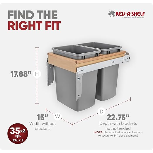 Rev-A-Shelf 35 Qt Top Mount Double Pullout Under Cabinet Kitchen Trash Cans w/Soft-Close, 150 Pound Rated Full-Extension Slides, 15" W, Gray, 4WCTM-18BBSCDM2 - Container Bins for Waste Management