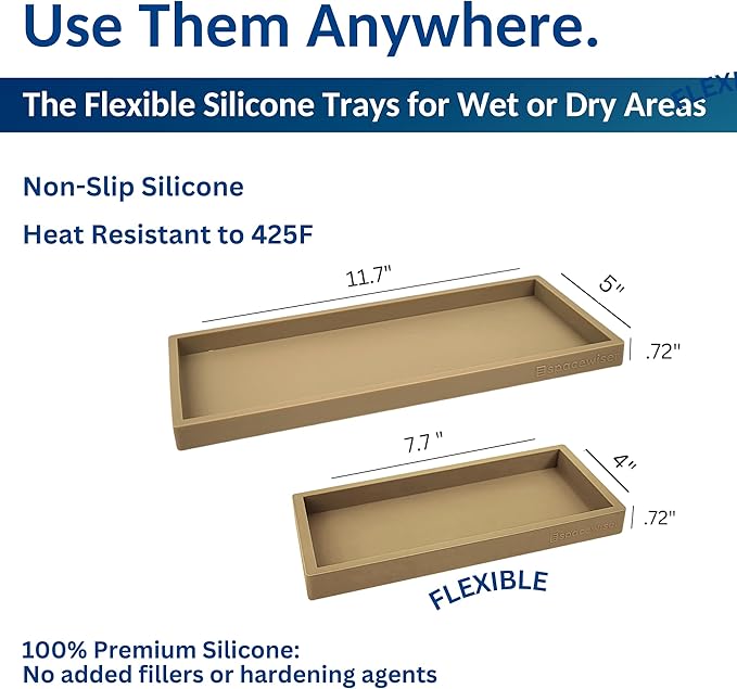 Countertop and Vanity Tray - 2 PC (11” and 7”) Shatterproof Silicone Kitchen and Bathroom Trays for Counter, Kitchen Soap Dispenser Tray, Vanity Trays for Bathroom, Perfume Key Tray