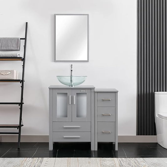 eclife 36" Modern Bathroom Vanity Sink Combo Freestanding Cabinet with Small Side Cabinet, Clear Round Glass Vessel Sink, Water Save Faucet, Drain (Gray+A16)