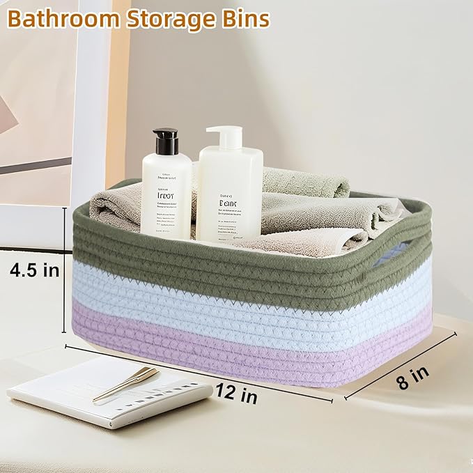4 Pack Storage Baskets for Organizing, Small Storage Bins for Shelves, Woven Cotton Rope Baskets with Handles, Organizer Baskets for Gifts Empty, 12''Lx8''Wx4.5''H (Rainbow)
