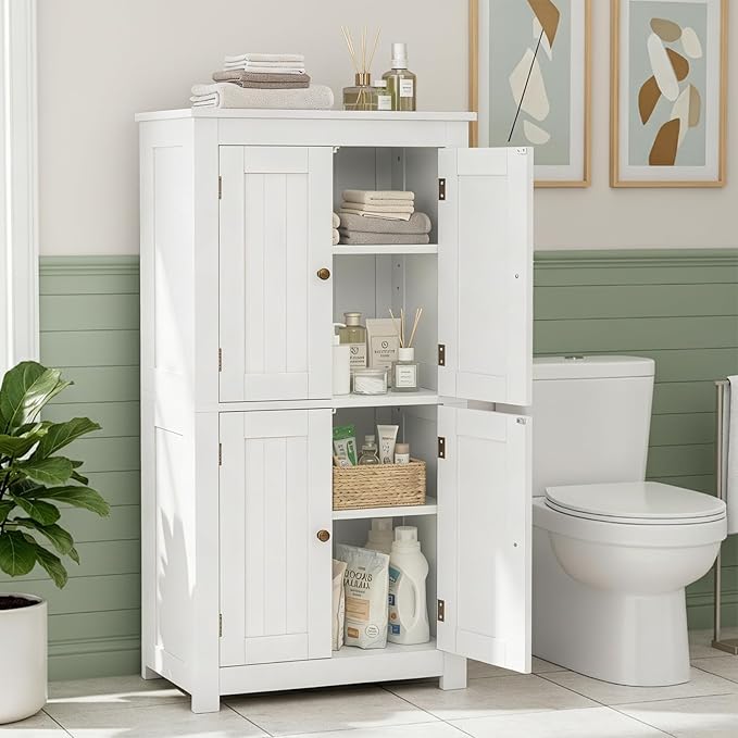 Karl home White Floor Storage Cabinet, Freestanding Storage Unit with 4 Doors, Thin Toilet Organizer for Small Spaces，for Entryway, Bathroom