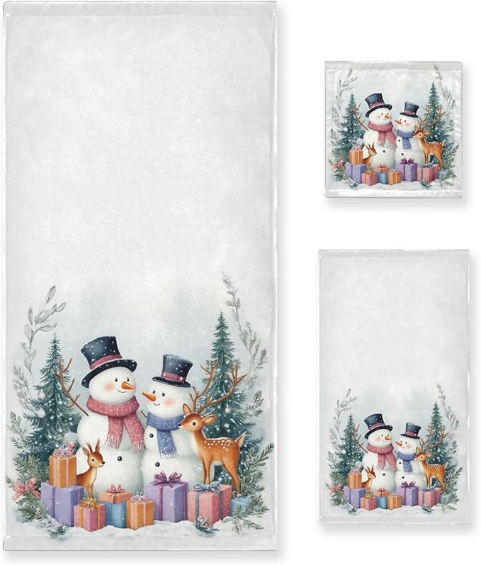 Christmas Winter Towels Set of 3 Blue Cyan Glitter Snowflakes Bathroom Towel Soft Absorbent Bath Hand Towels Washcloth Guest Towel Sets Xmas Holiday Decor