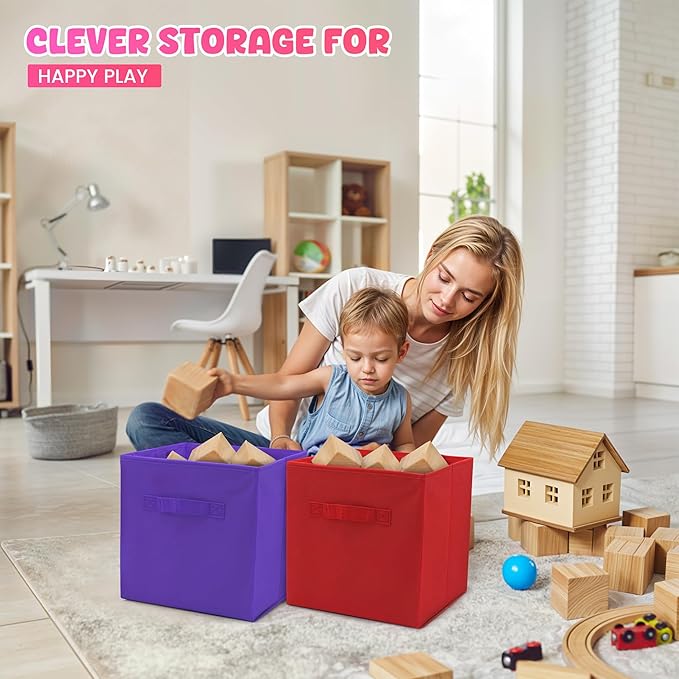 4E's Novelty 6 Packs 11 Inch Rainbow Color Storage Cube Bins, Colorful Storage Baskets For Nursery, Kids Room, Fabric Baskets For Toys, Clothes, Cube Bins for Classroom Organization & Storage