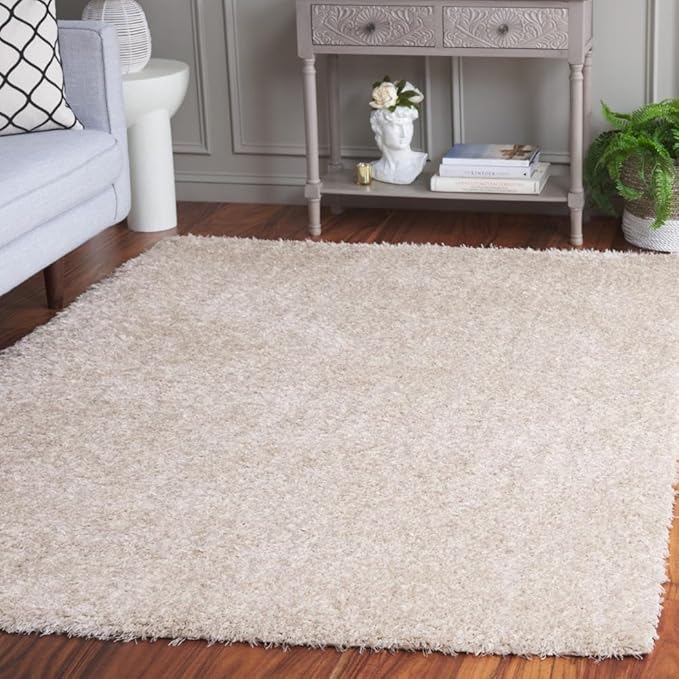 SAFAVIEH Lindsay Shag Collection Square Rug - 6'7" Square, Beige, Contemporary Design, Ideal for High Traffic Areas in Bedroom, Dining Room & Kitchen (LNS560B-7SQ)