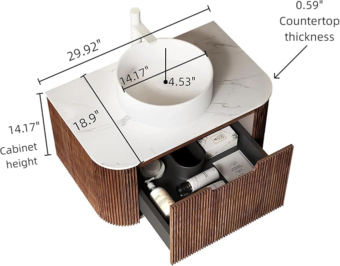 KEIKI 30" Bathroom Vanity Cabinet with Sink Combo, Wall Mounted Curved Edges Striped Floating Bathroom Vanity with Soft-Close Drawer, White Round Ceramic Basin Without Faucet, Dark Walnut