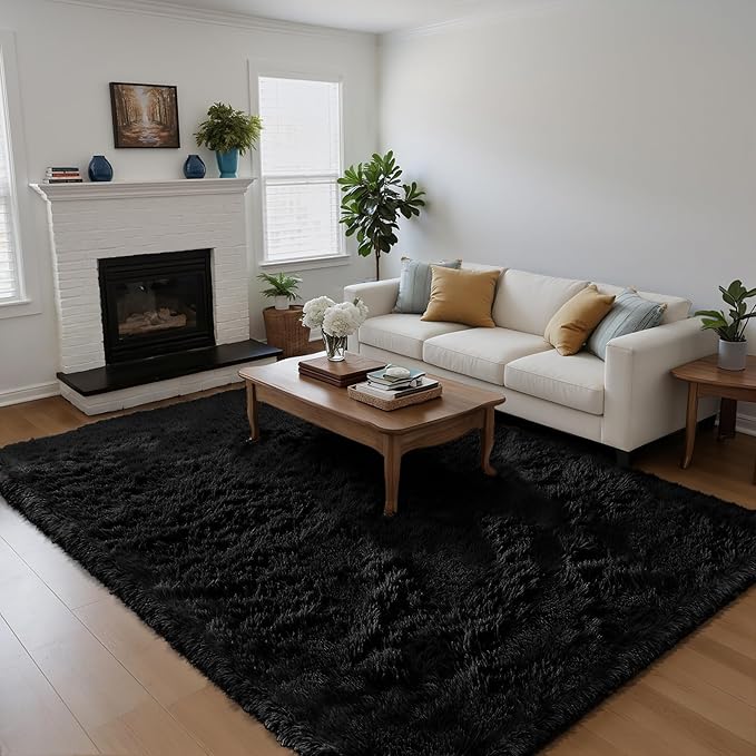 Fluffy Rug Shaggy Area Rug, Black 5x8 Area Rugs for Bedroom, Small Bedside Rug, Soft Fluffy Shaggy Entryway Throw Rugs for Living Room Bedroom Kids Room Home Decor