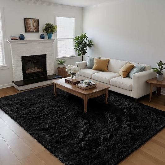 Fluffy Rug Shaggy Area Rug, Black 6x9 Area Rugs for Living Room, Large Shag Area Rugs for Bedroom Kids Room Home Decor, Upgrade Anti-Skid Rectangular Fuzzy Rugs
