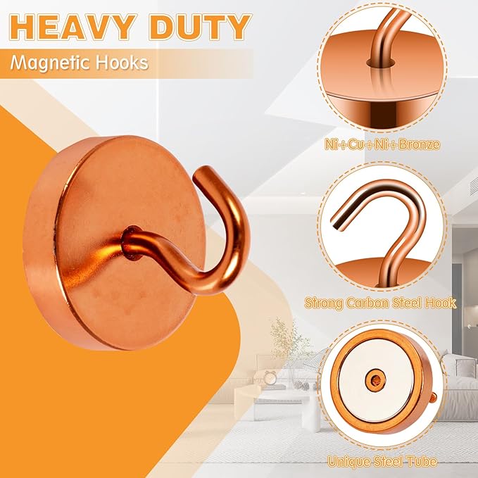 Neosmuk Magnetic Hooks Heavy Duty,100lb Super Strong Magnet with Hooks for Cruise Cabins, Large Metal Hooks for Hanging on Fridge,Extra Strong Magnet Hanger for Ship Walls, 6 Pack,Bronze