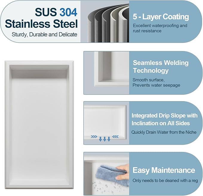 304 Stainless Steel Shower Niche, 24" X 12" Recessed Shower Shelf, Wet Area Wall Niche No Water Residue, White Recessed Storage