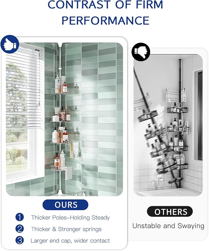 SEIRIONE Rustproof Shower Caddy Corner and Shower Organizer Corner for Bathroom,Corner Shower Caddy Tension Pole with 4 Adjustable Baskets for Shower Accessories, 34 to 116 Inch Height, Silver