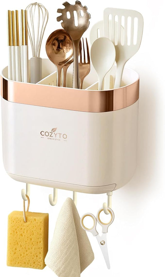 COZYTO LuxTray U1-Pro Wall Mounted Utensil Holder – Kitchen Organizer with Hooks, Dividers & Drain Tray, No-Drill Adhesive Wall Mount Storage, BPA-Free (Cream White & Rose Gold)