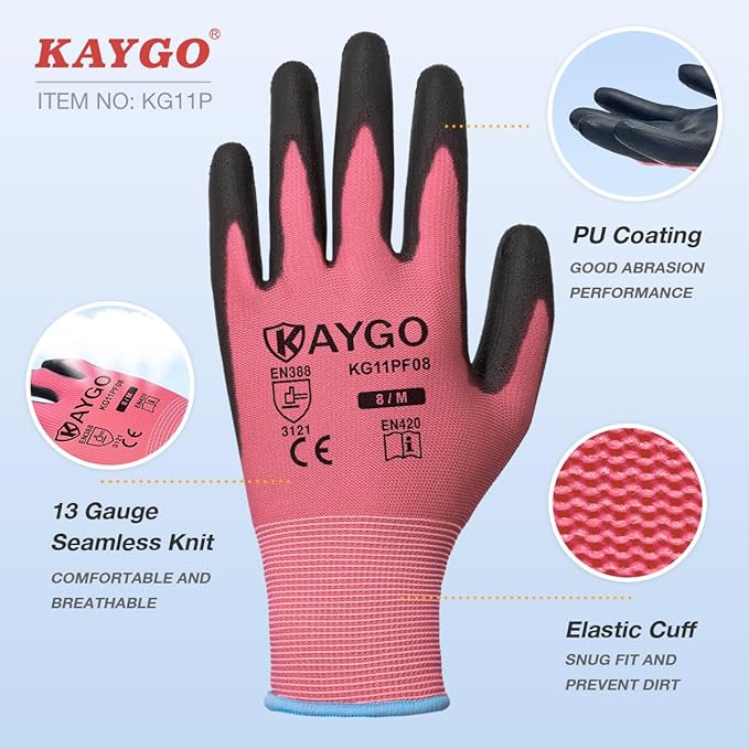 Work Gloves for Men and Women,12 Pairs Seamless Knit PU Coated Safety Gloves, with Smooth Grip on Palm and Fingers, Ideal for Light Warehouse, Manufacturing, Gardening, KG11P (M,Pink)