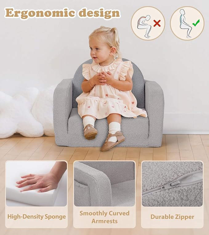 Kids Couch, 2-in-1 Soft Toddler Couch Fold Out with Blanket, Comfy Toddler Chair, Convertible Sofa, Gifts for Kids Girl Boys, Medium Grey Rainbow