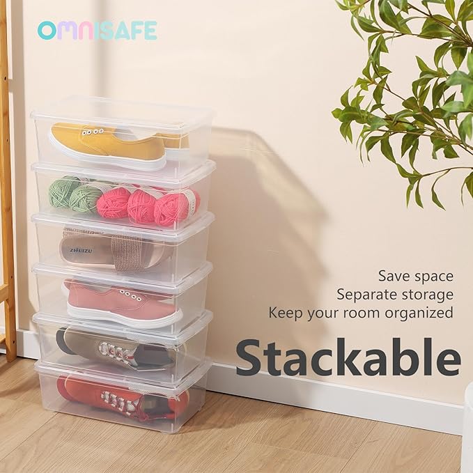 12 Pack 6 Quart Stackable Plastic Storage Shoebox, BPA-Free Nestable Container to Organize Shoes, See-Through Box for Home and Office, Multi-Purpose Storage Case (Transparent)