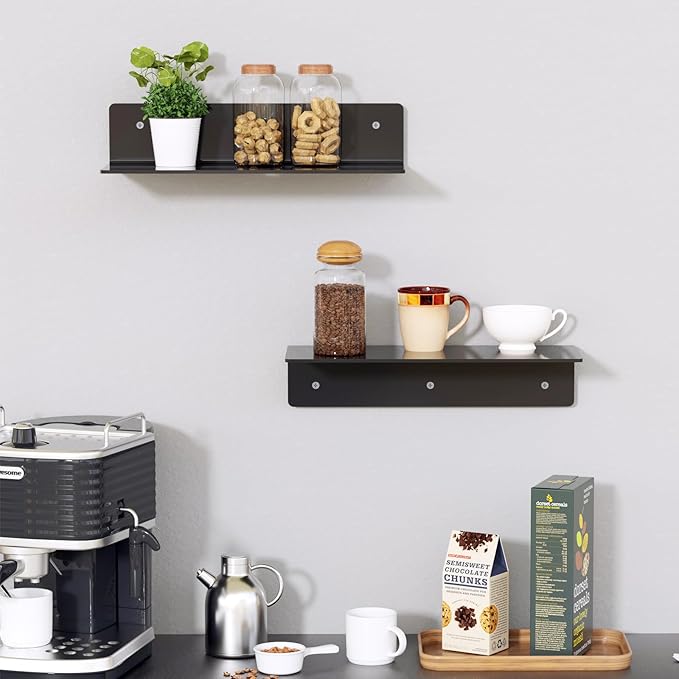 12" Black Acrylic Floating Shelves, 2 Pack with Cable Clips, Small Floating Shelf for Expand Wall Display Space for Living Room, Bathroom, Gaming Room, Dorm Wall Decor