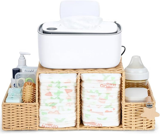 Diaper Caddy Organizer, Hand Rattan Nursery Storage Basket for Baby Essentials, Baby Changing Table Organizer Perfect Nursery Assistant (Natural Light Woven - Style 2, L)