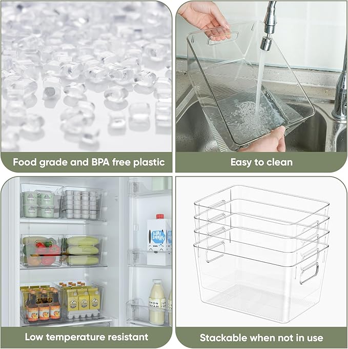 BALEINE Clear Plastic Storage Bins, Pantry Organization, BPA Free Stackable Refrigerator Organizers and Storage with Handles for Kitchen Fridge Cabinet Bathroom (6PK, 10.5x6x5)