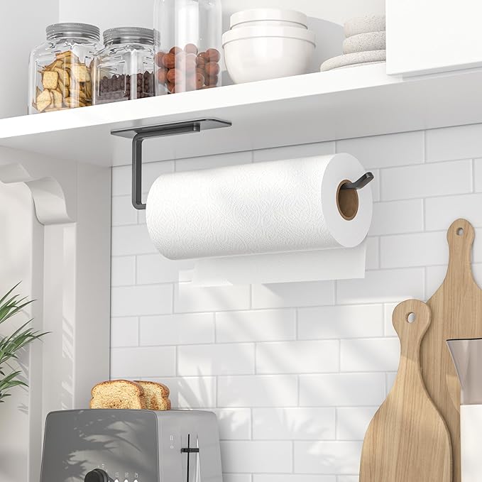 Paper Towel Holder Under Cabinet - Both Available in Adhesive and Drilling - Black Paper Towel Holder Wall Mount - Upgraded Aluminum Paper Towel Rack for Kitchen, Bathroom
