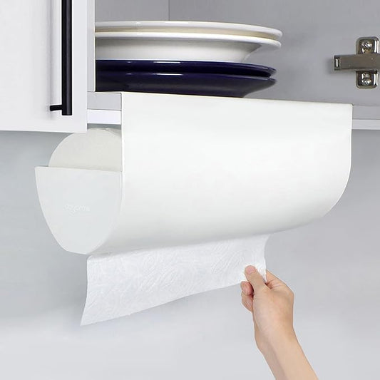 Paper Towel Holder - Under Cabinet, No-Drill Self-Adhesive Hanging Rack, Easy Tear, Space-Saving Sleek Metal Kitchen Roll Dispenser, Wall-Mount Look, Kitchen Storage & Organization - White