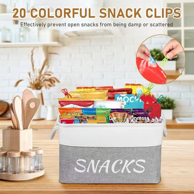 Snack Organizer for Pantry, Decorative Snack Basket with 10pcs Chip Clips, Snack Organizer for Desktop, Collapsible Shelf, Office, Kitchen and More (Grey, Medium-2 Pack)