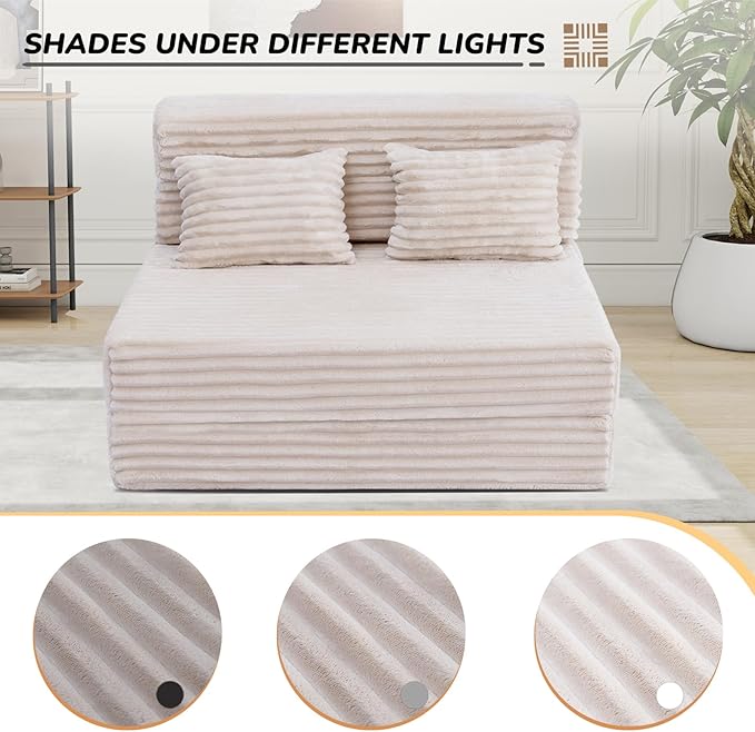 Folding Sofa Bed Twin, Convertible Sleeper Chair with Pillow, Fold Out Couch, High-Density Futon Chair Bed, Foldable Sofa Sleeper Floor Couch for Bedroom Living Room Dorm Guest Room, Beige