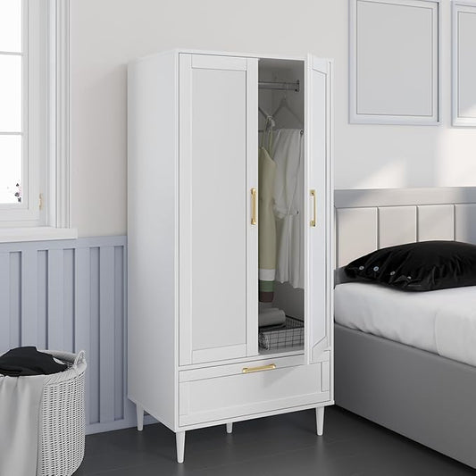 Bedroom Armoire Wardrobe Closet with Hanging Rod,60" 2 Door Almirah for Clothes with Drawers,Morden Storage Cabinet,White