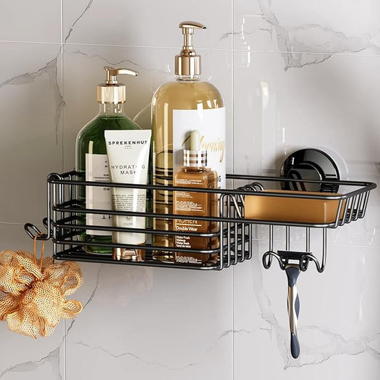TAILI Shower Caddy Suction Cup with Hooks and Soap Holder, Heavy Duty Bathroom Shower Organizer, No Drilling Bathroom Holder with Large Capacity, Metal Black Storage Basket