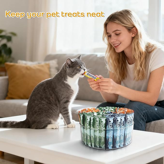 Lickable Cat Treats Organizer, Lazy susan Acrylic Squeeze Up Cat Food Storage Container, 11.42" Essential Storage for Pet Treats, Wet Cat Treats Storage for Kitchen Cabinet Pantry Shelf Countertop