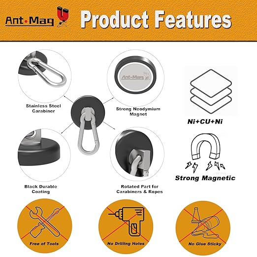 Ant Mag Magnetic Hooks 140LBS Heavy Duty Neodymium Magnet with Swiveling Carabiner Magnet Snap Hook for Indoor/Outdoor Hanging Bag Kitchen Garage Magnet Type Cruise Ship Magnetic Hook (8 Pack Black)