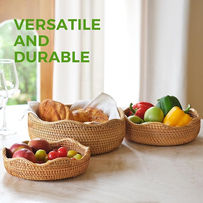 Rattan Bread Baskets Set of 3, Round Woven Serving Basket Bowls, Natural Wicker Storage Basket Key Holders Stackable for Kitchen Counter Organizing, Decorative Baskets for Snack, Fruit, Vegetable