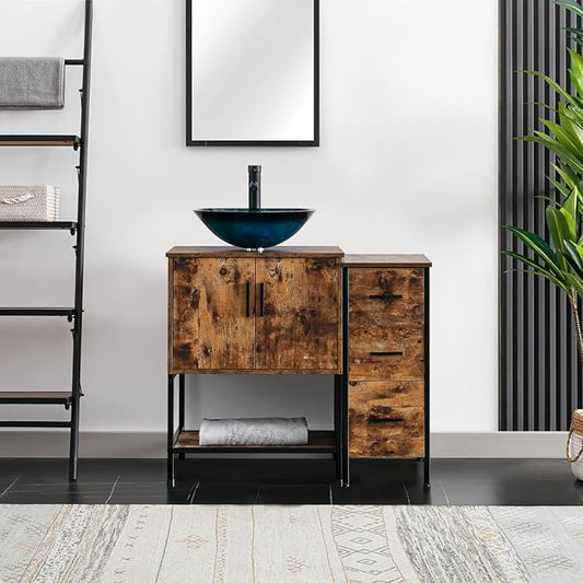eclife 36" Bathroom Vanity Sink Combo Modern Metal Stand Cabinet W/Bottom Shelf & Storage Side Cabinet Turquoise Square Vessel Sink & Water Save Faucet & Pop Up Drain, Rustic Brown (A10)