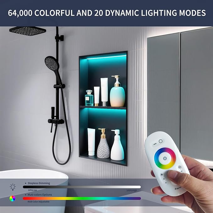 Stainless Steel Shower Niche 12" x 24", No Tile Needed Recessed Wall Niche with RGB Light, Bathroom Niche for Shower wall Insert Installation (Matte Black)