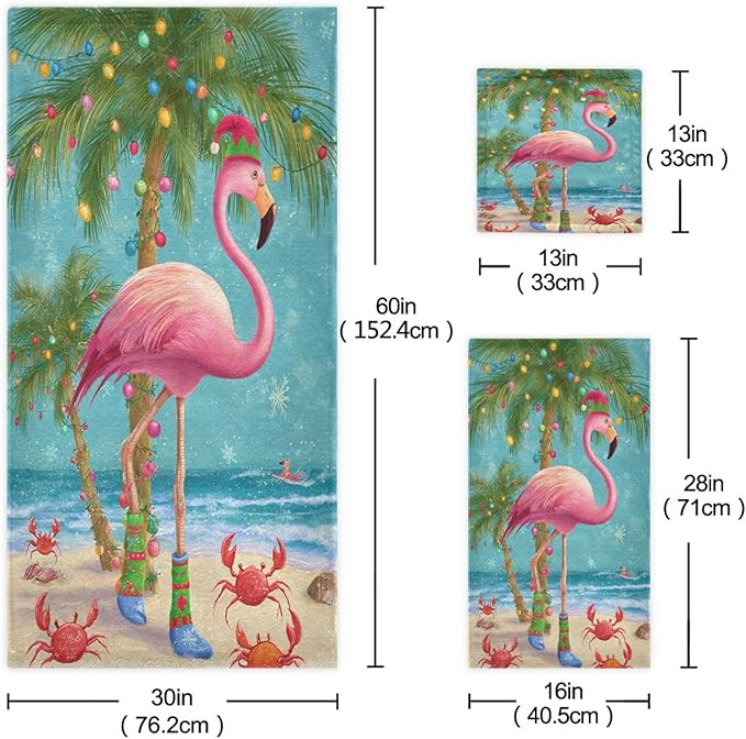 Christmas Winter Towels Set of 3 Christmas Tropical Flamingo Palm Tree Crab Bathroom Towel Soft Absorbent Bath Hand Towels Washcloth Guest Towel Sets Xmas Holiday Decor
