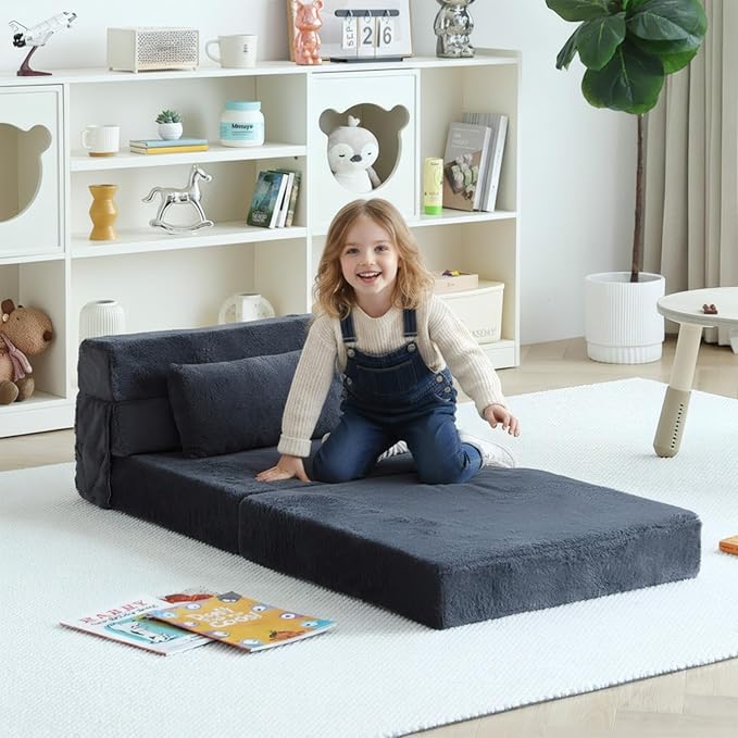 Tiita Convertible Folding Kids Sofa Bed with Pillow & Storage Bag, Plush Fabric Floor Mattress Couch Bed, Washable Cover, Kids Room, Playroom, Dorm, Apartment, Navy