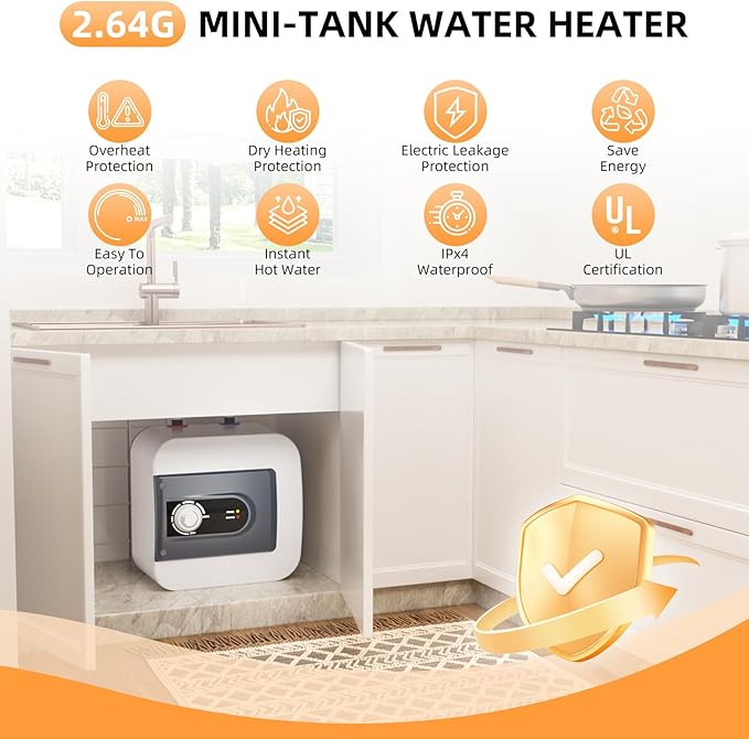 Electric Mini Tank Water Heater, 2.64Gallon Under Sink On Demand Hot Water Heater, Wall or Floor Mounted, 1500W Point of Use Instant Hot Water for RV Kitchen Bathroom Restaurant