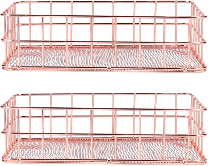 plplaaoo 2PCS Nordic Simple Rose Gold Wrought Iron Storage Basket Desktop Organizer Container Household Storage Organizer for Living Room Bathroom Office Durable Iron Material Stylish Decor (L)