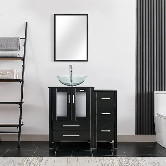 eclife 36" Modern Bathroom Vanity Sink Combo Freestanding Cabinet with Small Side Cabinet, Clear Round Glass Vessel Sink, Water Save Faucet, Drain (Black+A16)