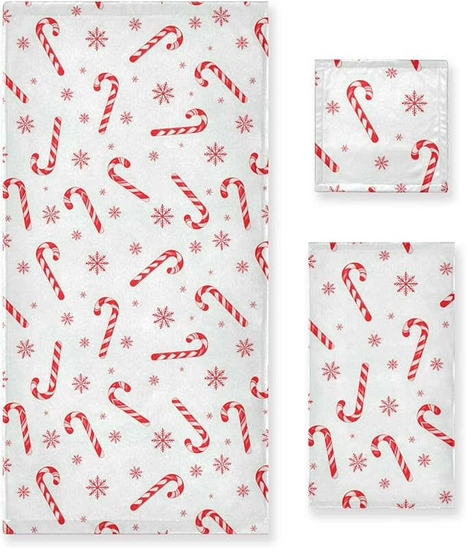 Christmas Winter Towels Set of 3 Red Candy Cane Snowflakes Bathroom Towel Soft Absorbent Bath Hand Towels Washcloth Guest Towel Sets Xmas Holiday Decor
