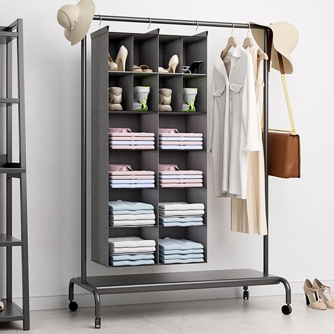 Ofiray-home 6 Tier Hanging Closet Organizer, 16 Compartments Sweater Organizer for Closet with 3 Sturdy Hooks, Closet Organizers and Storage, Wardrobe, Rv, Garment Rack, Grey