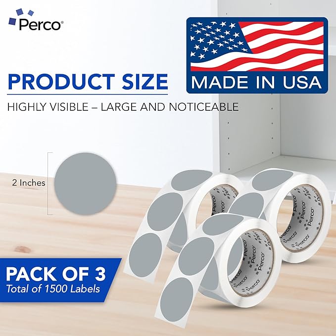 Perco Grey 2-Inch Round Circle Dot Sticker Labels - Multi-Roll Pack (3 Rolls, 500 Labels Each) - Permanent Adhesive, Vibrant Colors, Strong Hold - Perforated for Easy Use - Made in USA