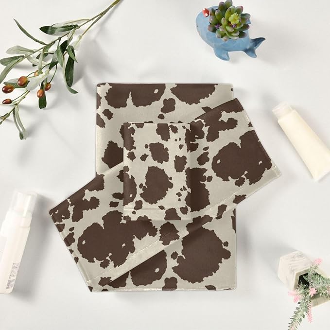 3 Piece Western Cow Print Bath Towels Set,Microfiber Absorbent Rustic Brown Farm Animal Cowhide Towels for Bathroom,1 Bath Towel,1 Hand Towel,1 Washcloth,Cow Gifts Decorative Bathroom Towels