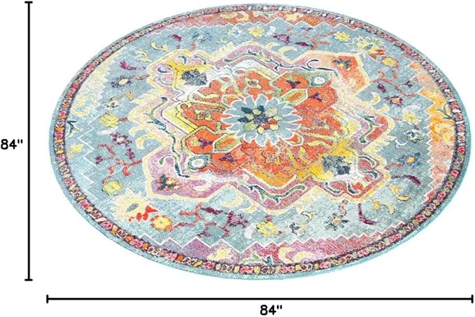 SAFAVIEH Crystal Collection Area Rug - 7' Round, Teal & Orange, Medallion Distressed Design, Non-Shedding & Easy Care, Ideal for High Traffic Areas in Living Room, Bedroom (CRS501J)